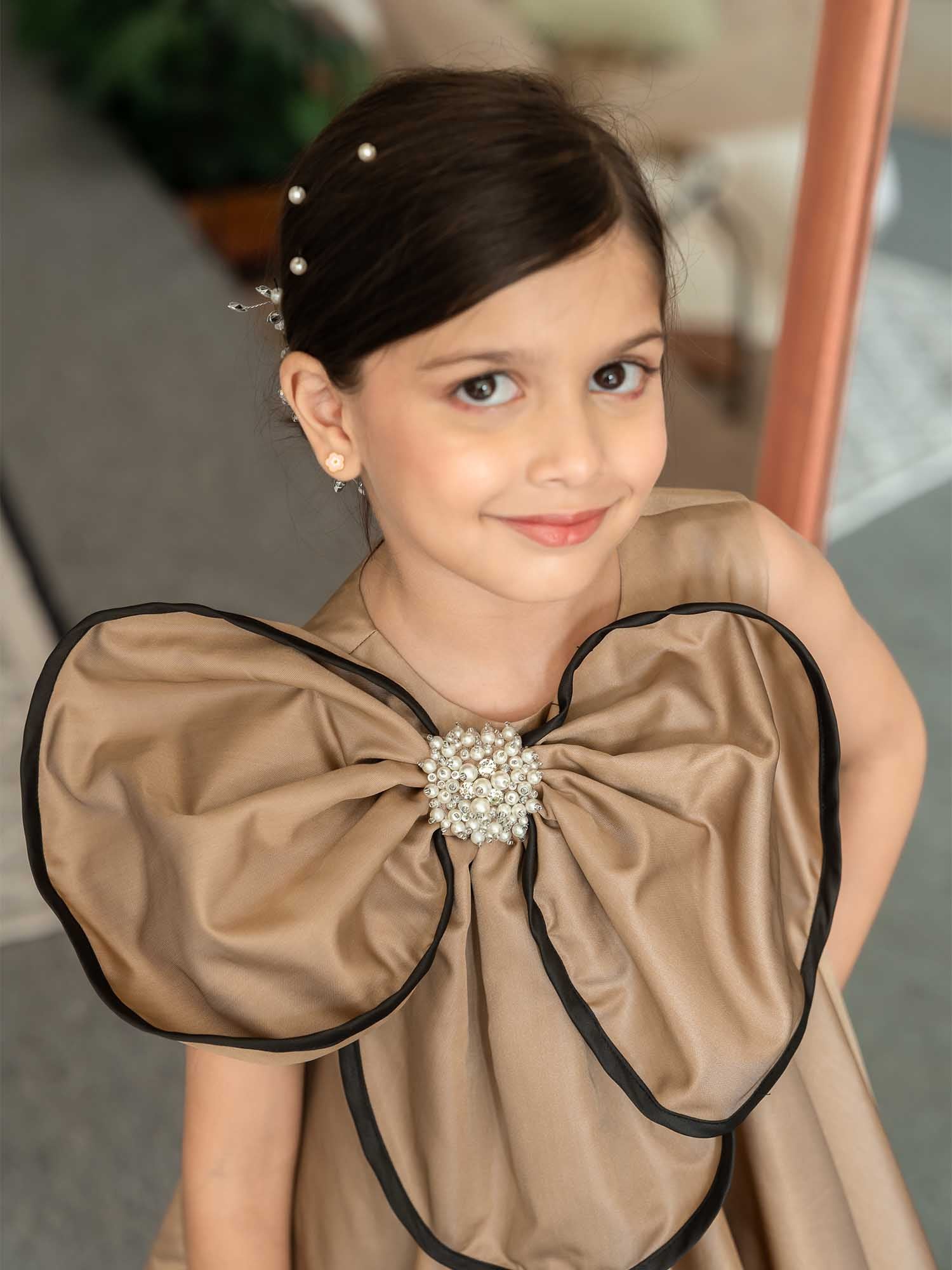 JANYAS CLOSET Luxe Gold Brown Flower Satin Dress