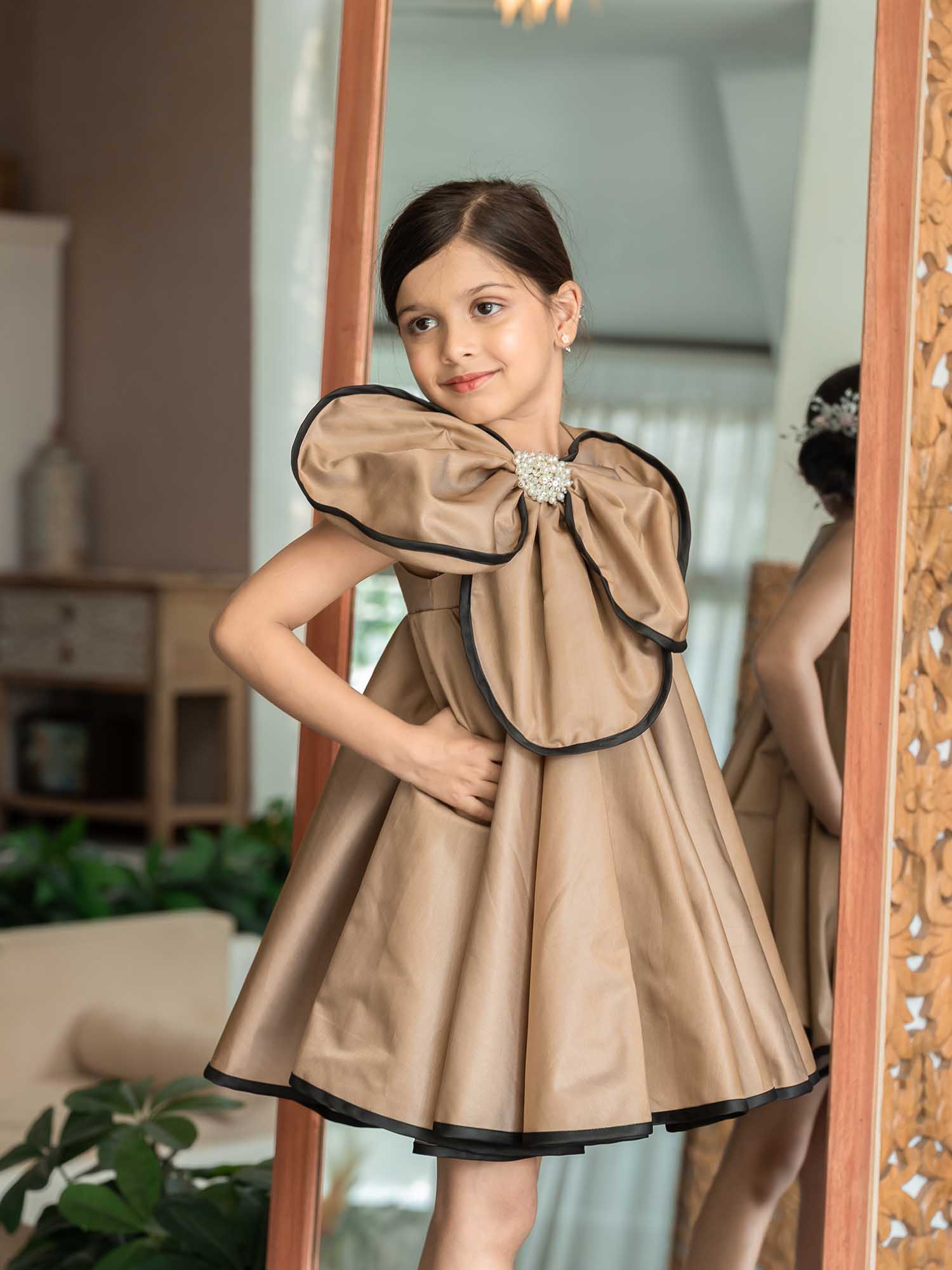 JANYAS CLOSET Luxe Gold Brown Flower Satin Dress