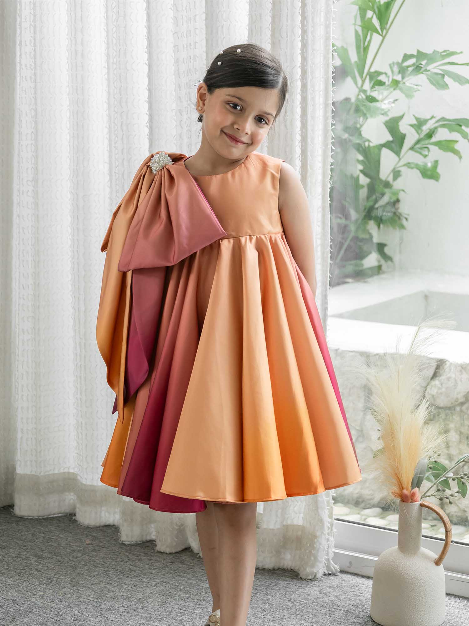 JANYAS CLSOET Ombre Rust Satin Dress with Shoulder Bow
