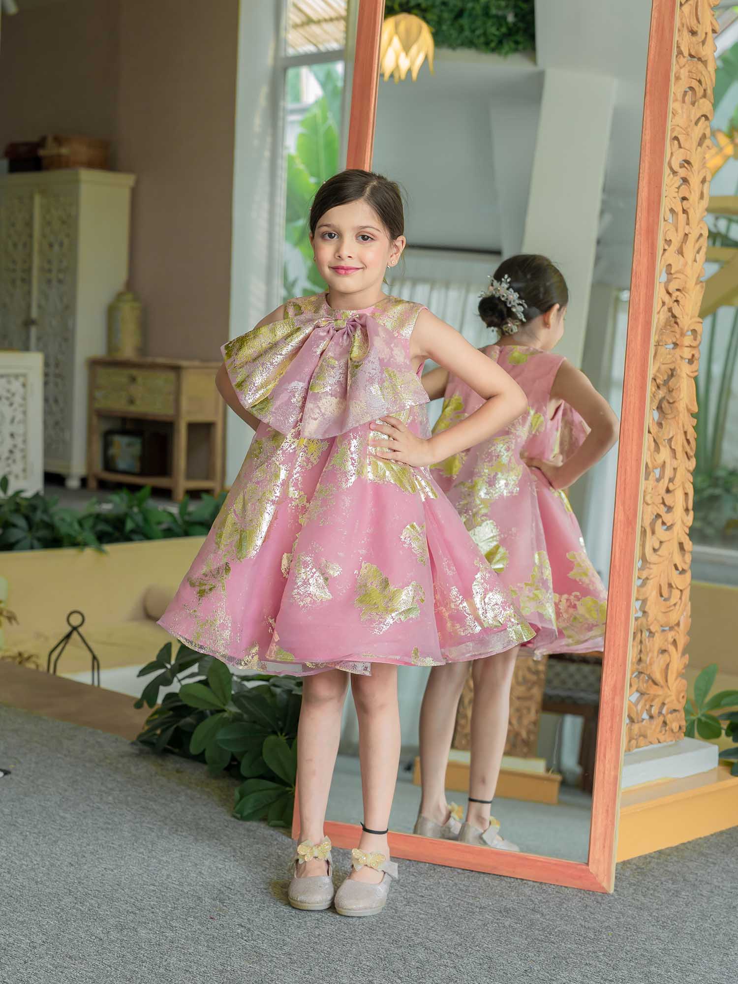 JANYAS CLOSET Pink Foil Printed A-Line Dress with Bow