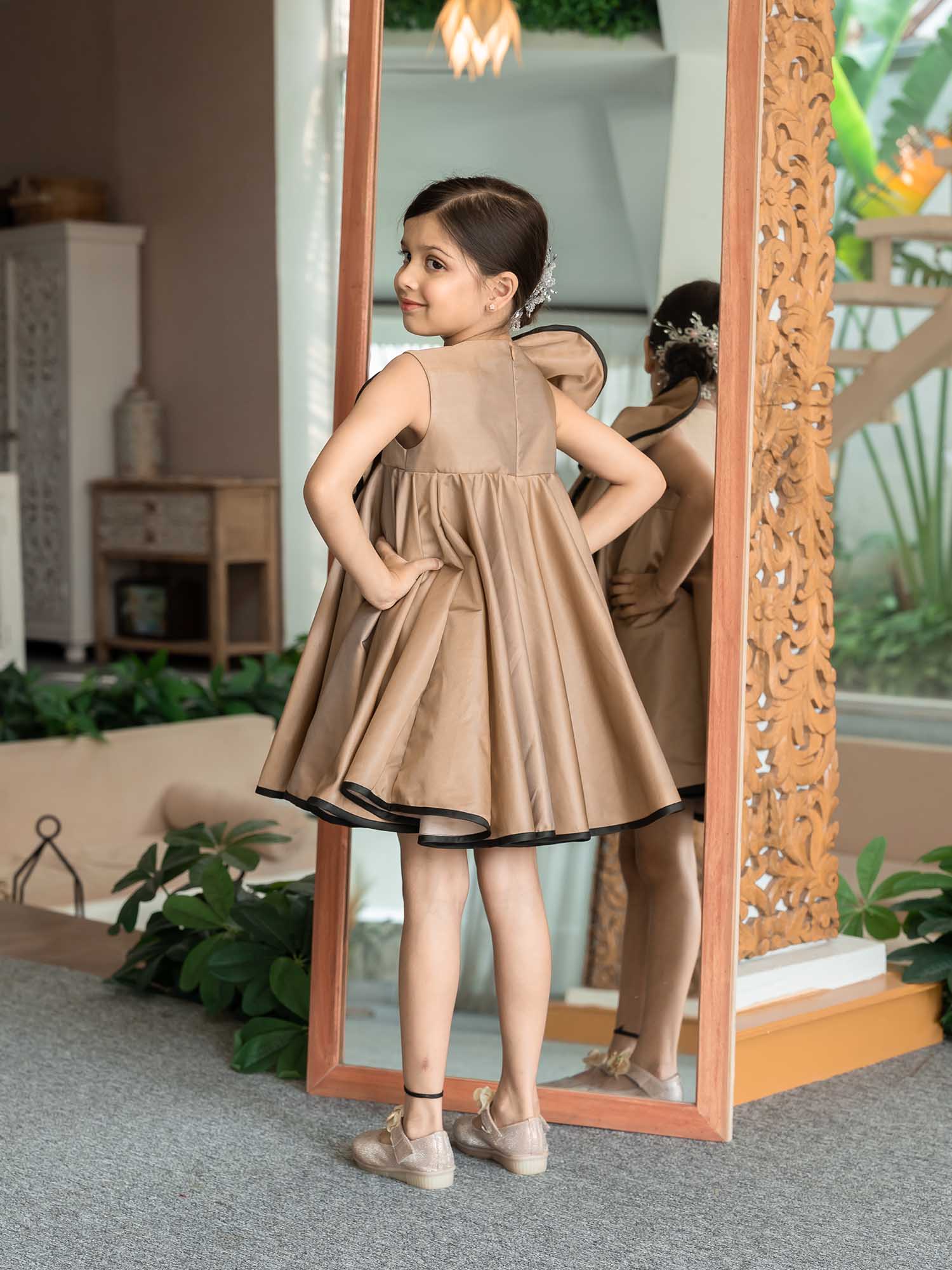 JANYAS CLOSET Luxe Gold Brown Flower Satin Dress