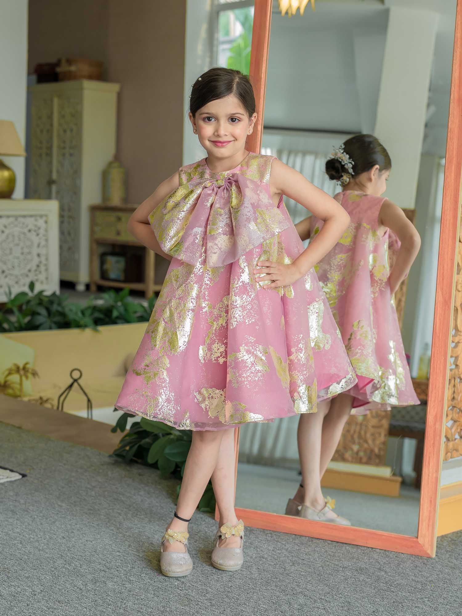 JANYAS CLOSET Pink Foil Printed A-Line Dress with Bow