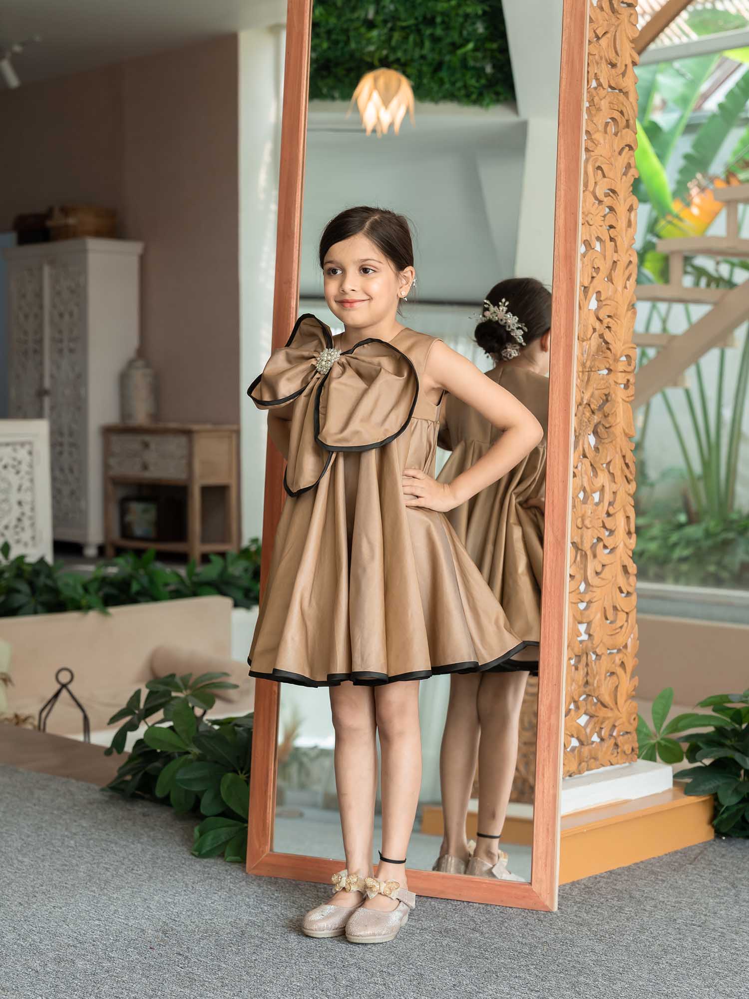 JANYAS CLOSET Luxe Gold Brown Flower Satin Dress