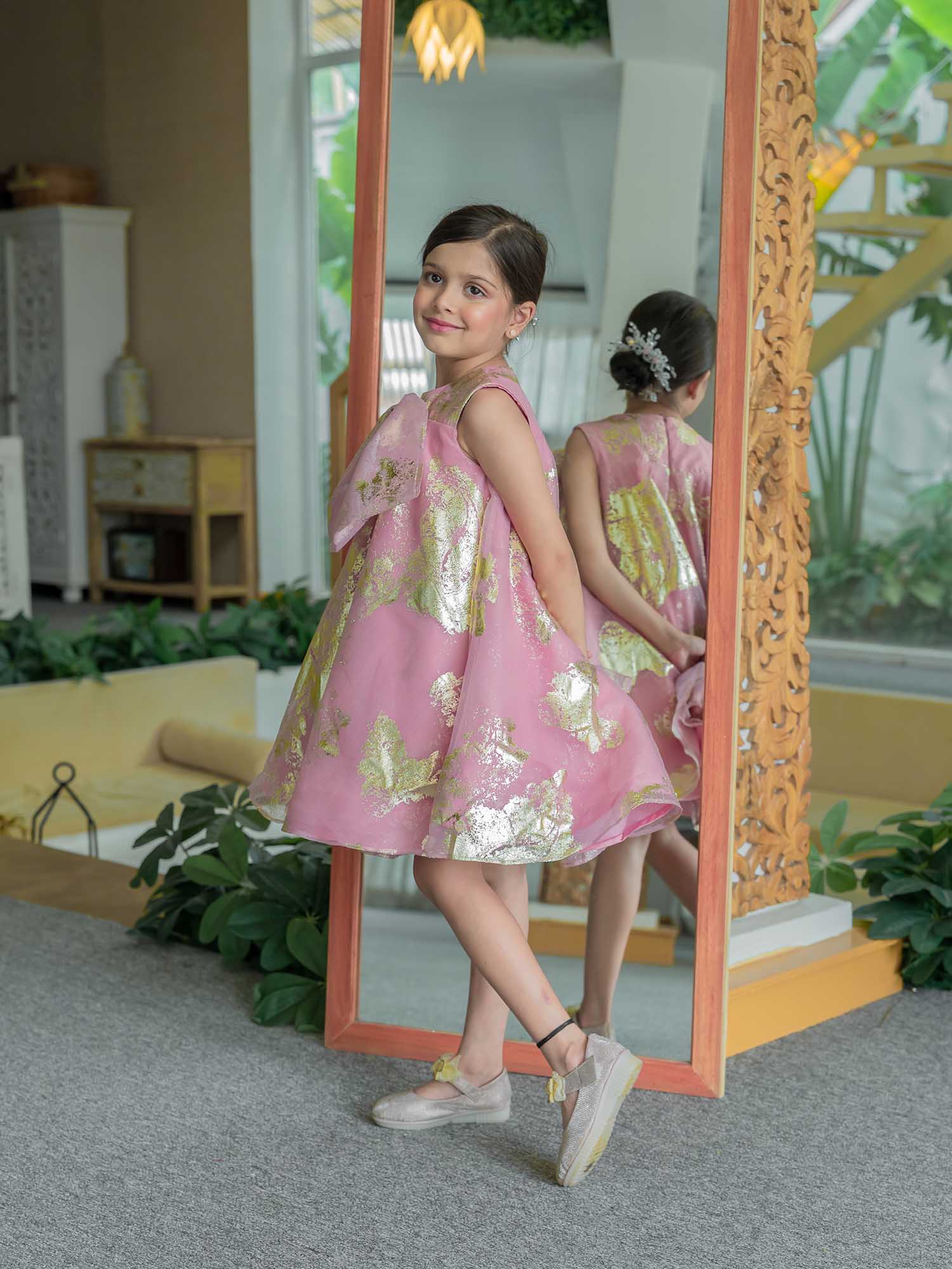 JANYAS CLOSET Pink Foil Printed A-Line Dress with Bow