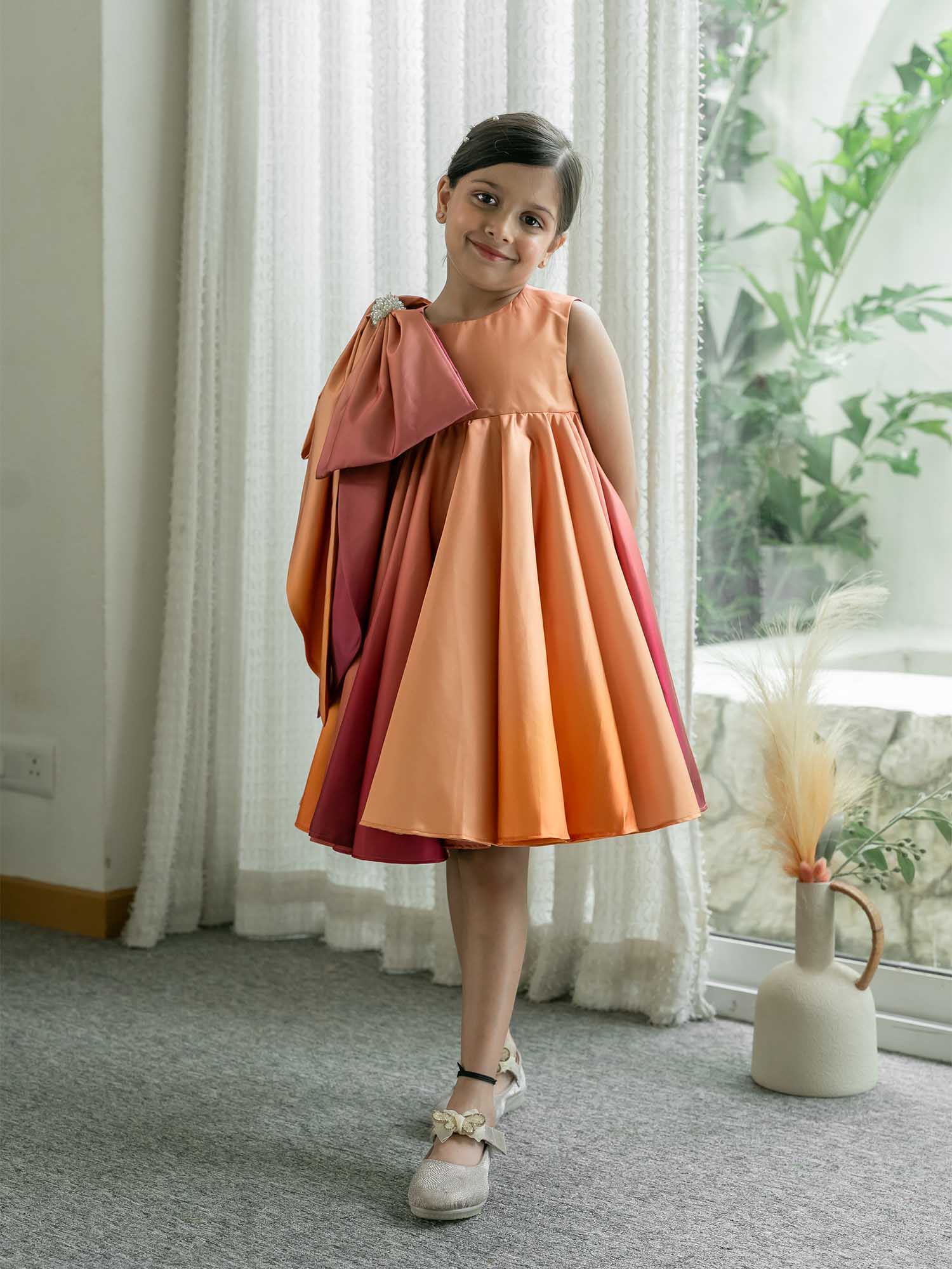 JANYAS CLSOET Ombre Rust Satin Dress with Shoulder Bow