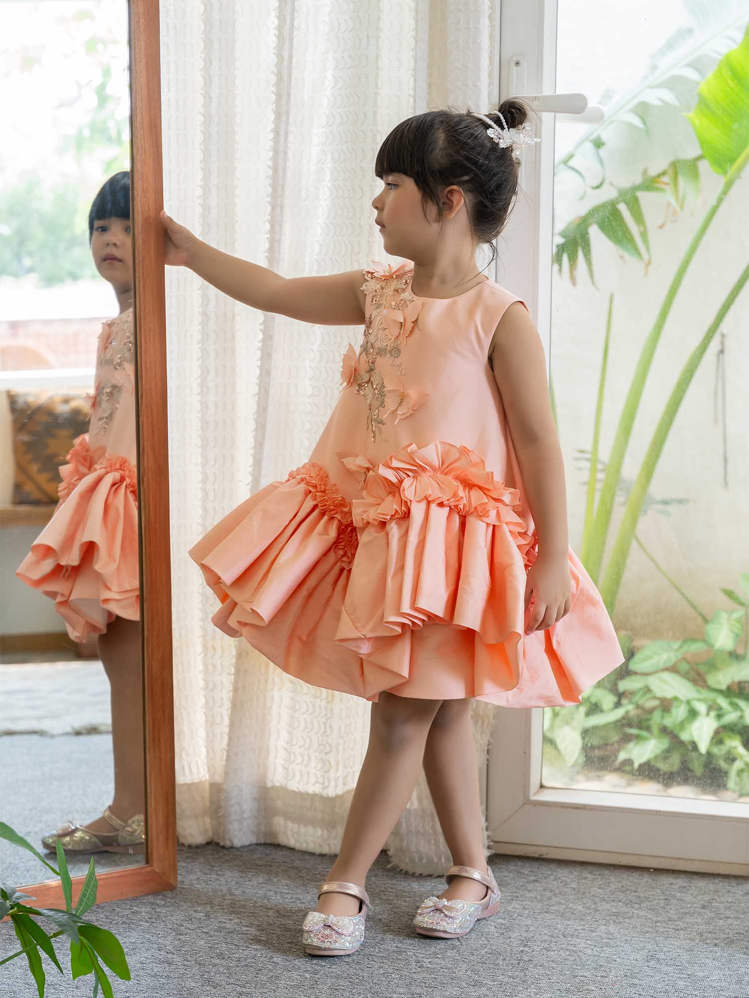 JANYAS CLOSET Butterfly Charm Peach Taffeta Dress