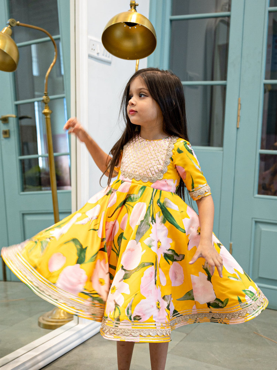 Sample JANYAS Bold Yellow Pink Floral Indian Ethnic Frock Dress