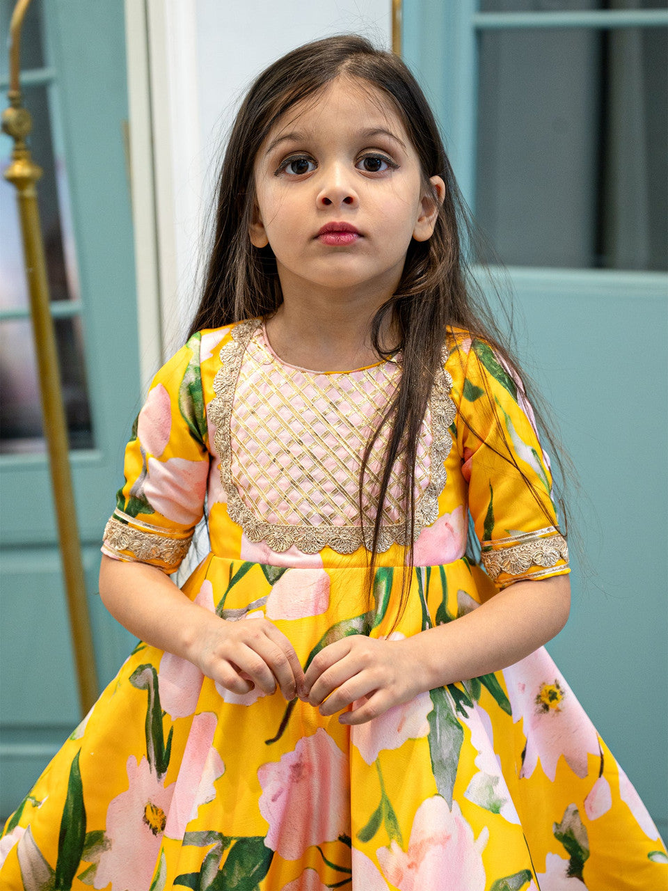 Sample JANYAS Bold Yellow Pink Floral Indian Ethnic Frock Dress
