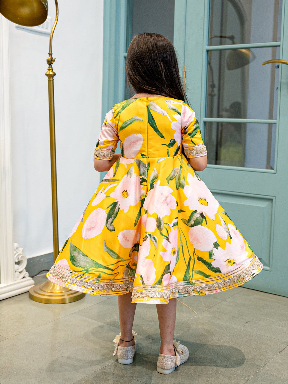 Sample JANYAS Bold Yellow Pink Floral Indian Ethnic Frock Dress