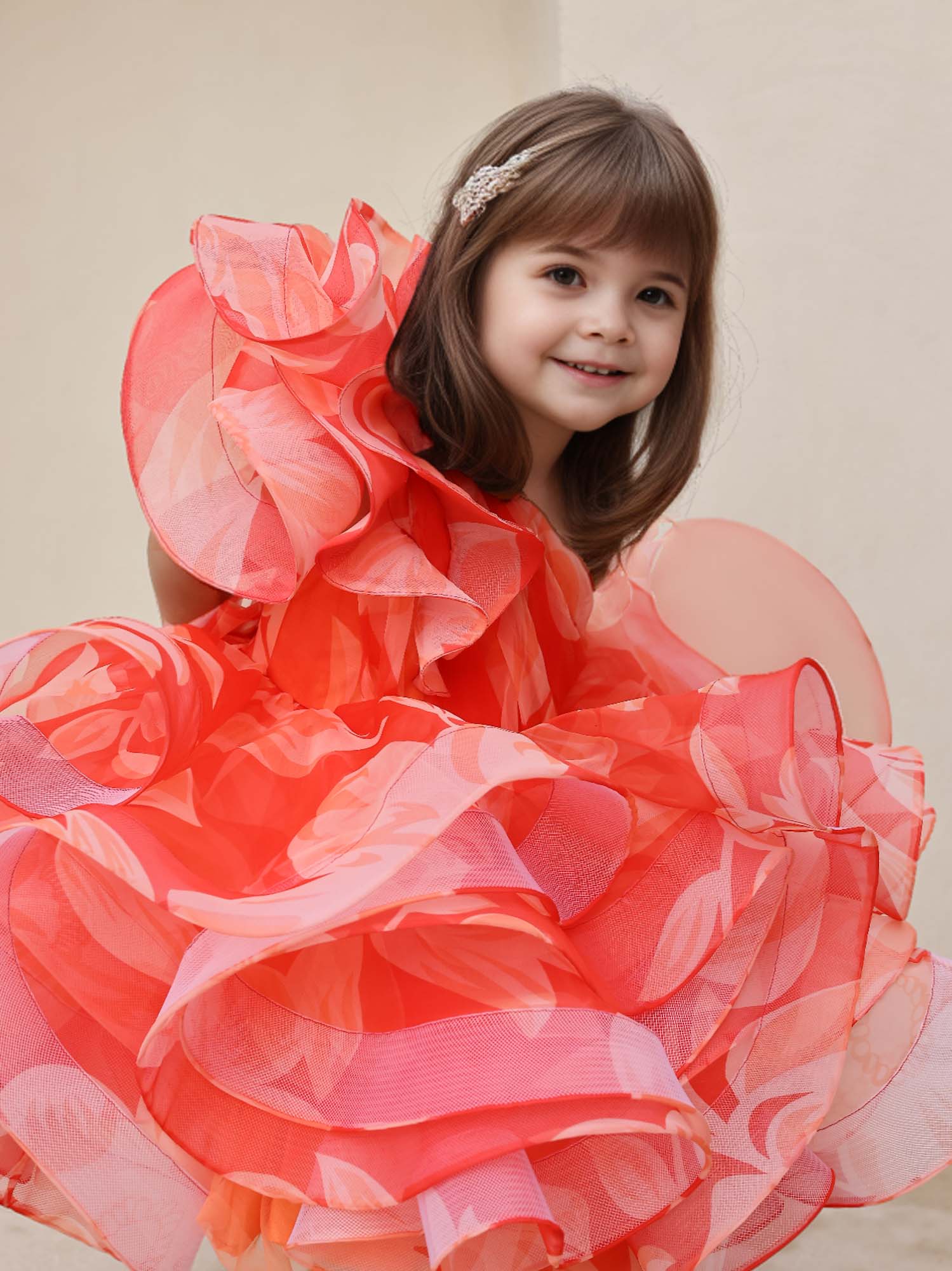 JANYAS CLOSET : Elegant Orange One-Shoulder Floral Organza Dress
