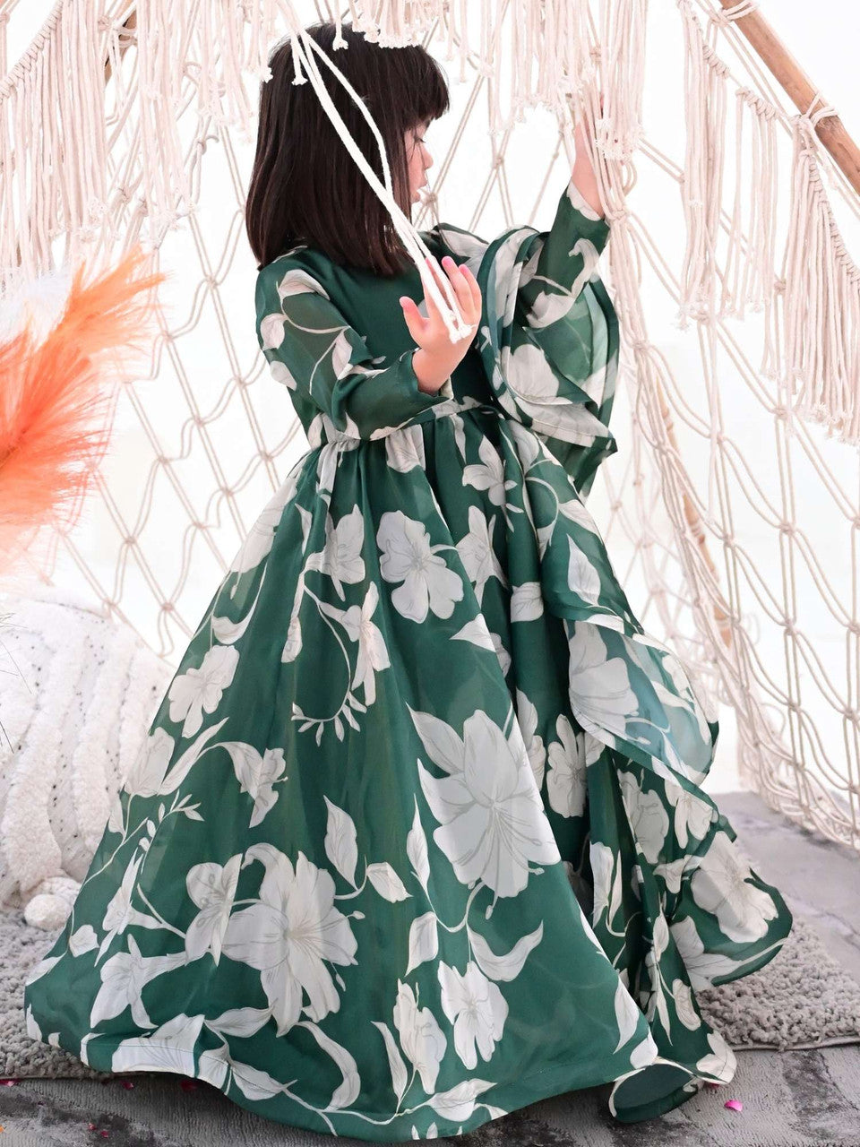 Sample JANYAS CLOSET Bottle Green Anarkali Gown with Belt and Dupatta for Girls
