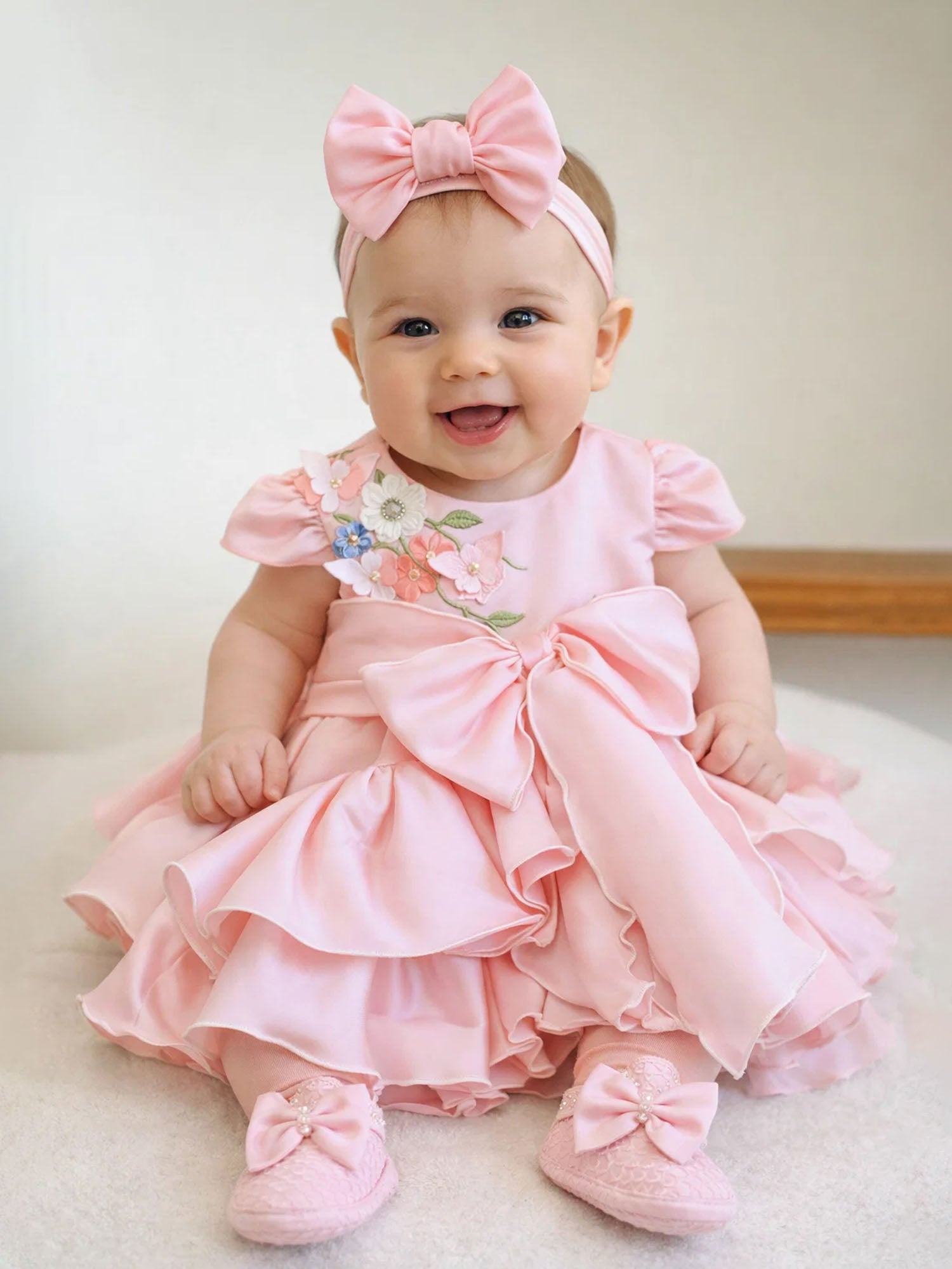 Janyas Closet Pink Satin Ruffle Party Dress with Bow for New Borns