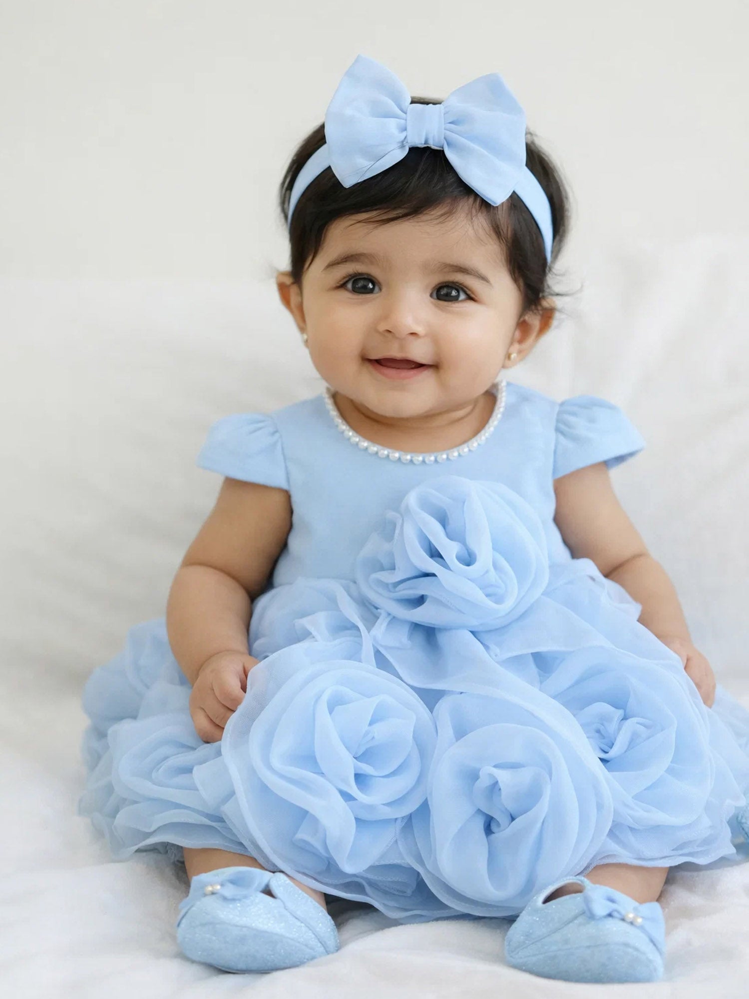 Janyas Closet Blue Hankie Draped Newborn Party Dress with Booties & Bow