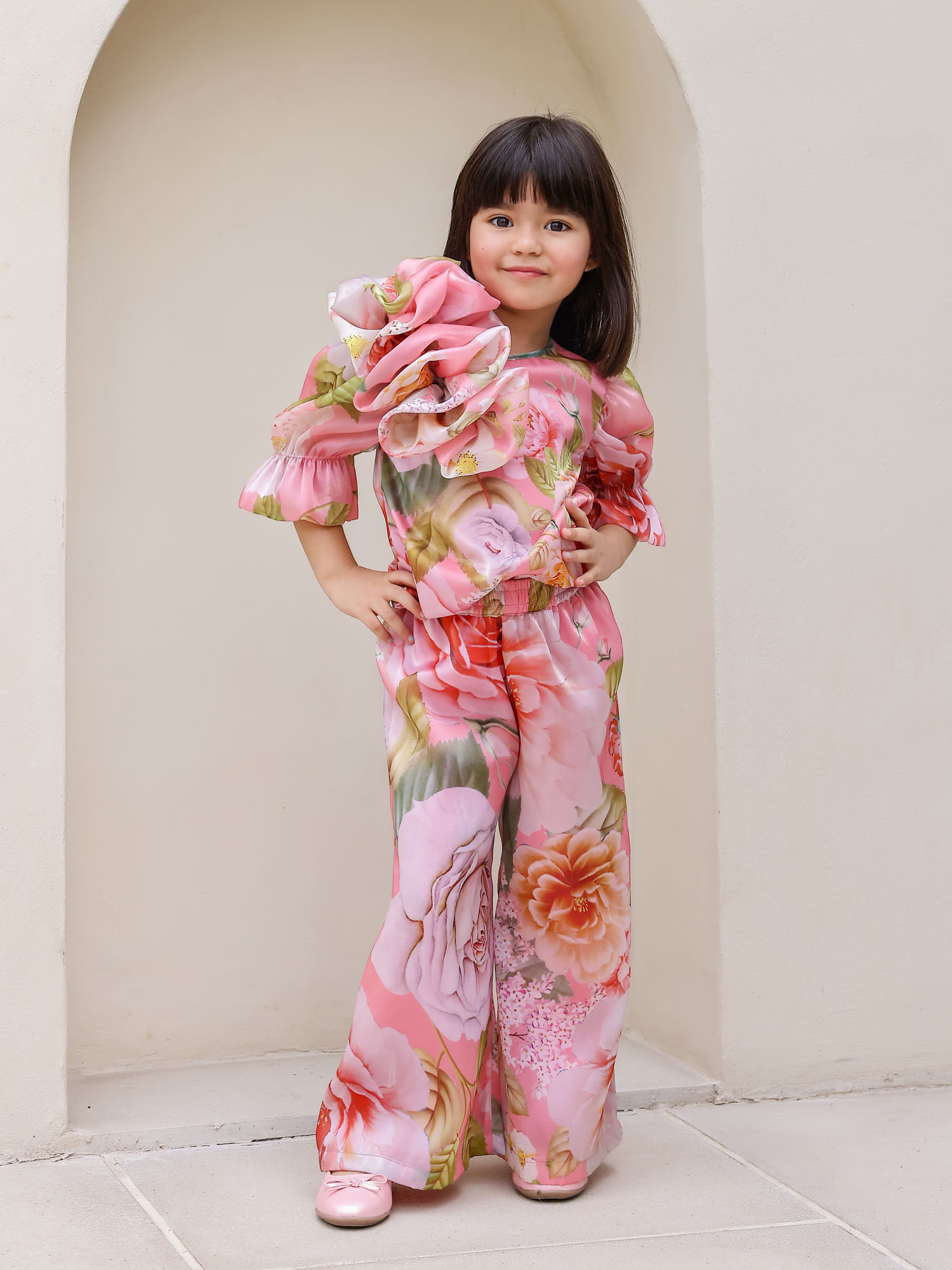 JANAYAS CLOSET: Peach Flower Printed Co-Ord Set for Girls